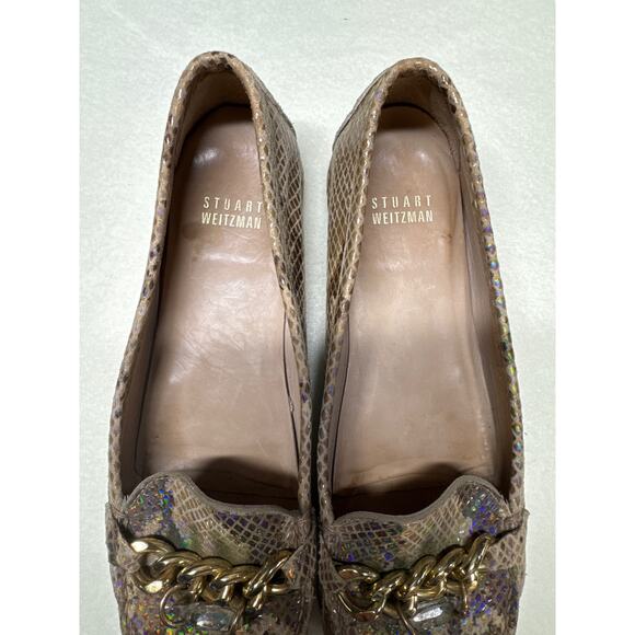 Stuart Weitzman Snake Print Loafers with Gold Chain - Picture 7 of 9